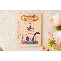 Kartka ze sklejki kolorowa urodziny imieniny PERSONALIZACJA kot tort - KSANTYNA.pl