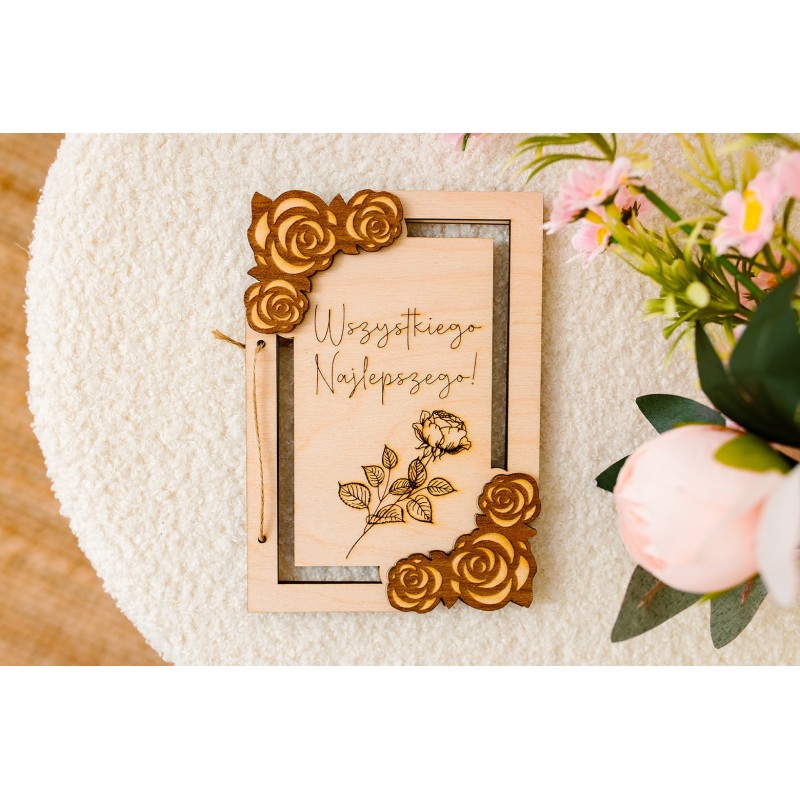 Kartka ze sklejki ażurowa RÓŻE PERSONALIZACJA urodziny ślub - KSANTYNA.pl