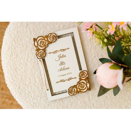 Kartka ze sklejki RÓŻE BIAŁA PERSONALIZACJA urodziny ślub - KSANTYNA.pl