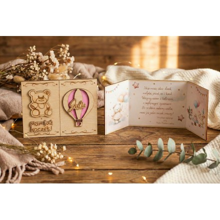 Prezent ROCZEK URODZINY DZIECKA KARTKA MIŚ RÓŻOWY GRAWER PERSONALIZACJA - KSANTYNA.pl