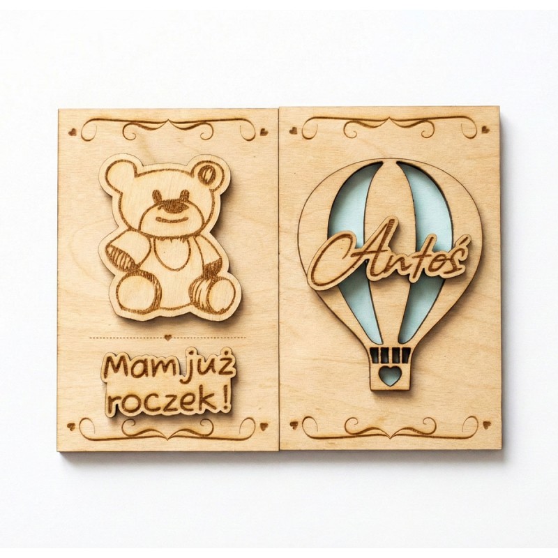 Prezent ROCZEK URODZINY DZIECKA KARTKA MIŚ NIEBIESKI GRAWER PERSONALIZACJA - KSANTYNA.pl