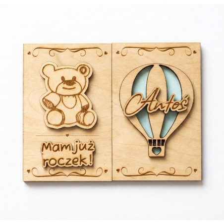 Prezent ROCZEK URODZINY DZIECKA KARTKA MIŚ NIEBIESKI GRAWER PERSONALIZACJA - KSANTYNA.pl