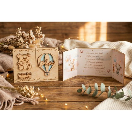 Prezent ROCZEK URODZINY DZIECKA KARTKA MIŚ NIEBIESKI GRAWER PERSONALIZACJA - KSANTYNA.pl